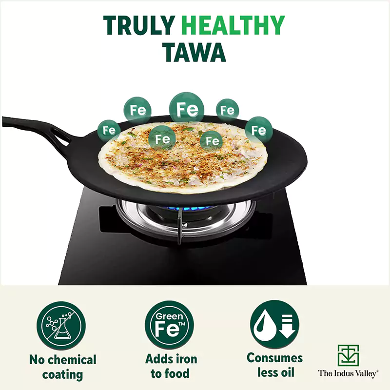 CASTrong Cast Iron Concave Tawa 25.4cm, Pre-seasoned, Naturally Nonstick, 100% Pure, Toxin-free, Free  110 Spatula - Image 3