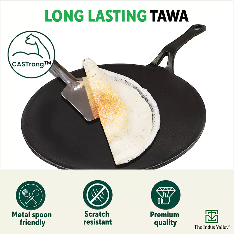 CASTrong Cast Iron Concave Tawa 25.4cm, Pre-seasoned, Naturally Nonstick, 100% Pure, Toxin-free, Free  110 Spatula - Image 6